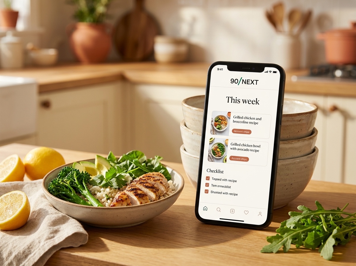 90 Next meal planner on a phone propped on a kitchen counter beside healthy food