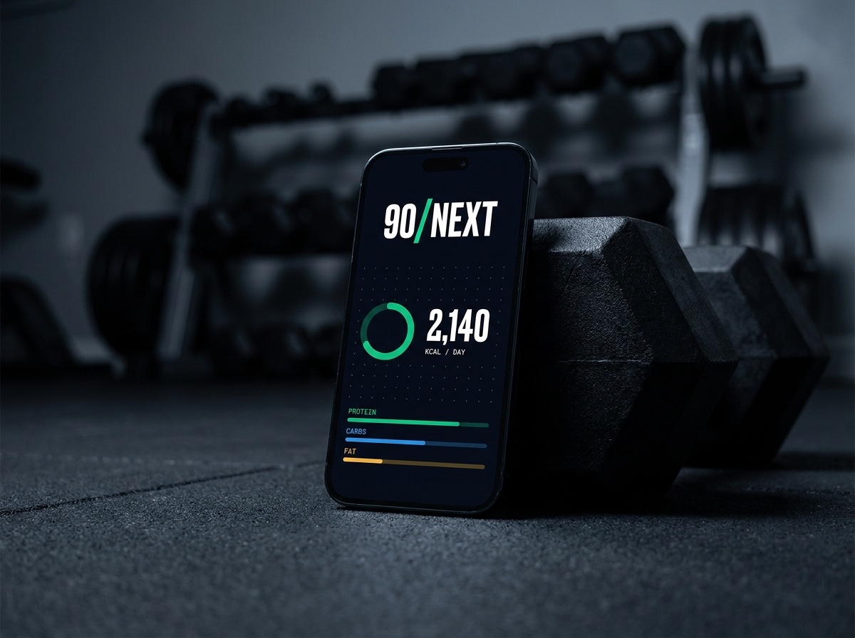 90 Next dashboard on a phone leaning against a dumbbell in a home gym